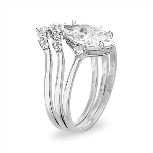 TwoBirch 925 Silver Marquise Three Ring Bridal Set with Three Stone Marquise Engagement Ring and Two Matching Chevron Contour Bands2