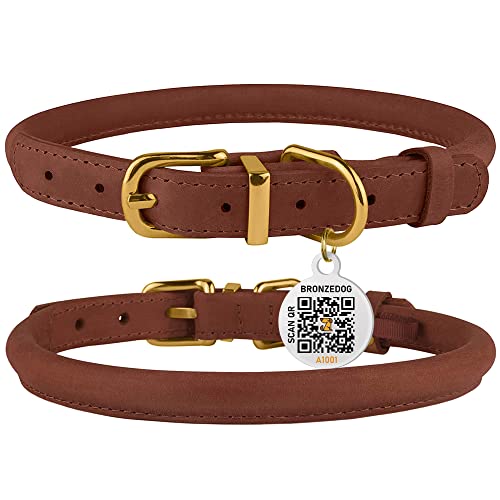 Bronzedog Rolled Leather Dog Collar With Qr Id Tag Adjustable Soft Round Collars For Small Medium Large Dogs Puppy Cat (12" - 14" Neck Size, Cognac Brown) #TOP5
