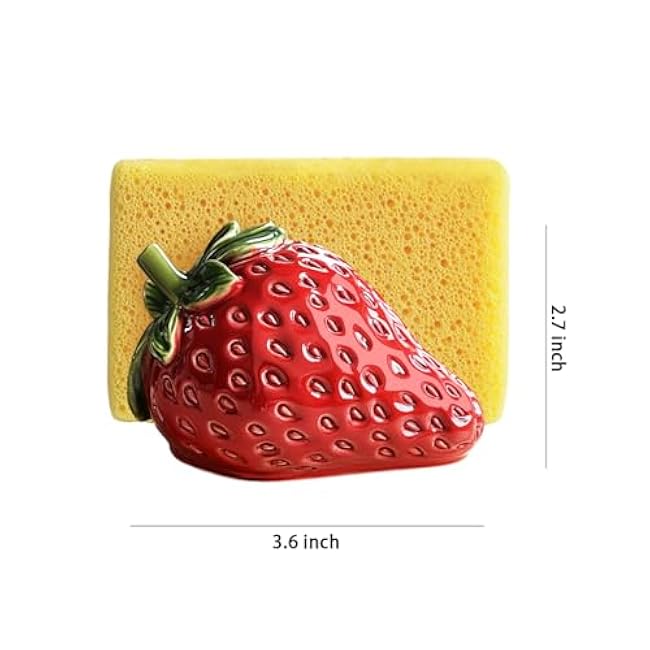 WAIT FLY Ceramic Strawberry Shaped Sponge Holder for Kitchen Sink Counter, Sponge Dish Rack, Sink Caddy Organizer, Strawberry Scouring Pad and Dish Sponge Holder