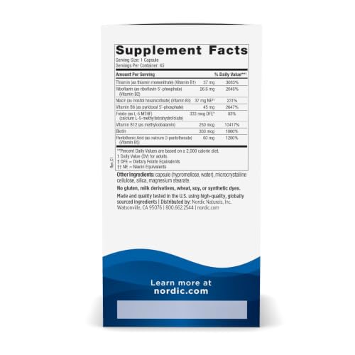 Image of Nordic Naturals Vitamin B Complex, Energy Metabolism - 45 Capsules | 8 essential B vitamins: B1 Thiamine, B2 Riboflavin, B3 Niacin, B6, B12, B9 Folate, B7 Biotin, B5 Pantothenic Acid. Non-GMO