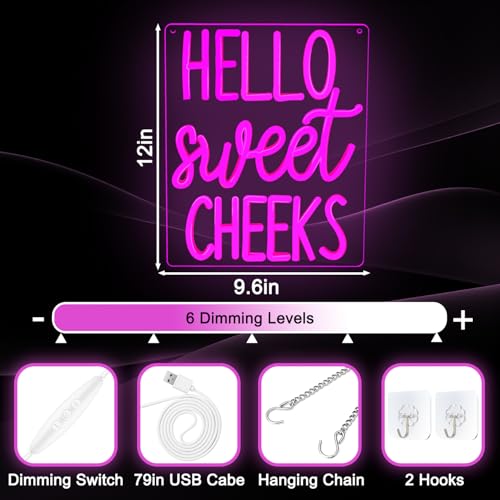 Image of Hello Sweet Cheeks Neon Sign Funny Hello Sweet Cheeks Bathroom Decor Dimmable Neon Signs for Wall Decor Pink LED Bathroom Signs USB Neon Light Up Sign Wall Art Cute Bathroom Shelf Decor for Women