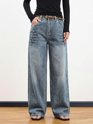 Image of EMMIOL Women Hip Hop 90s Vintage Baggy Jeans Denim Pants Mid Waist Jeans
