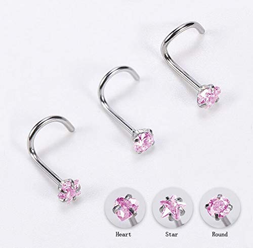 Upstore JJY45789 1Set/3Pcs(Round+Heart+Star) 20 Gauge/0.8Mm Curved Nose Rings Stainless Steel Nose Studs Cubic Zirconia Screw Piercing Tool Body Jewelry thumb #4