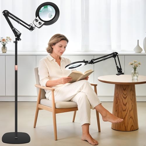 KIRKAS 30X 12X Magnifying Glass with Light and Stand 11.2in Stable Base Magnifying Floor Lamp for Reading Repair Workbench 2 in 1 Magnifier Stepless Brightness Color Modes & Adjust Height and Arm