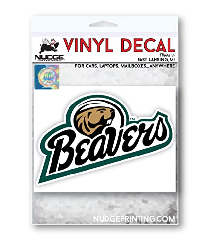 Image of Bemidji State University Beavers Script Logo with Bucky the Beaver Weatherproof Vinyl Sticker Car Decal from Nudge Printing