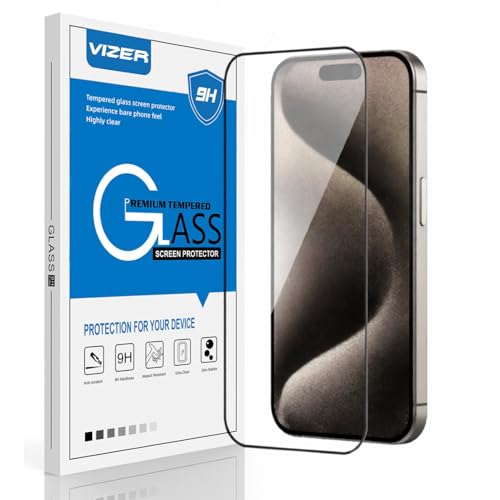 Image of vizer Military-Grade Tempered Glass Screen Protector for iPhone 15 Pro (6.1 Inch) | 9H Hardness Gorilla Protection, HD Crystal Clear, Anti-Fingerprint, Bubble-Free Easy Installation