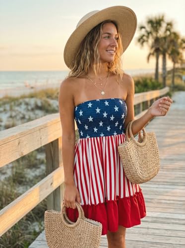 Image of AIMITAG American Flag Smocked Strapless Mini Dress Womens Flag Stars Vertical Striped Ruffled Tube Top Dress Beach Sundress