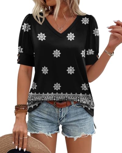 Image of OFEEFAN Womens Tops Short Sleeve Shirts Buttons V Neck Spring Fashion Summer Outfits Plus Size Blouses Dressy Casual