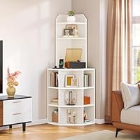 YITAHOME Corner Shelf with USB Ports & Outlets, Modern Corner Storage Cabinet Rack Charging Station, Wooden Display Bookshelf Bookcase for Living Room, Bedroom, Dining Room, Kitchen, White