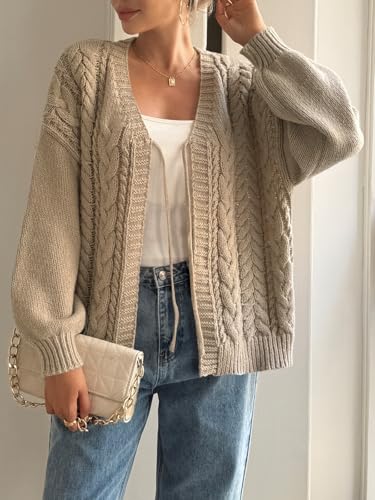 Saodimallsu Womens Tie Front Cardigan Sweaters Cable Knit V Neck Lantern Long Sleeve Casual Loose Sweater Coats4