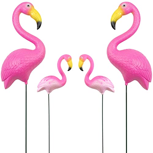 Flamingo Yard Decorations, Set of 4 Bright Pink Flamingos with Metal Stakes, Lawn Plastic Flamingo Ornament for Garden, Yard, Patio, Outdoor Decor, 2 Big 11.8", 2 Small 5.4" Flamingo Party Decorations