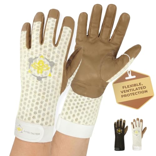 Apis Tactical Premium Ventilated Cowhide Beekeeping Gloves with Breathable Mesh & Extended Forearm Protection High Dexterity Sting-Resistant Bee Gloves for Professional Beekeepers - (Off-White L)