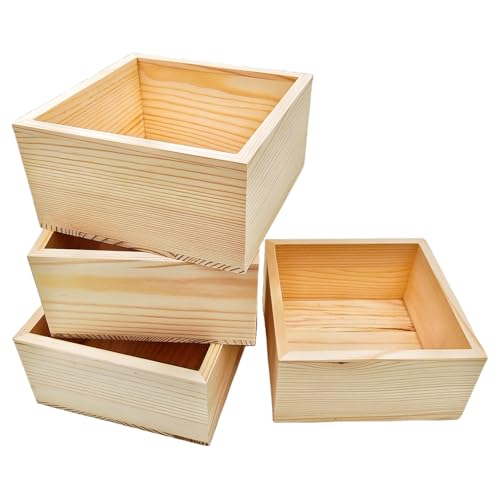 Anktily 4 Pack Unfinished Wooden Craft Storage Organiser Boxes, 4.7 x 4.7 x 2.4 inch Small Square Wood Box, Rustic Natural Wood Container Box for Home Venue Decor
