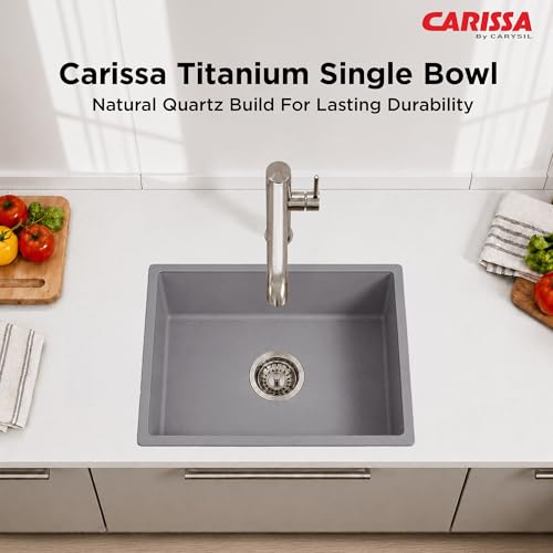 Image of Carissa By Carysil Titanium Quartz Kitchen Sink 18 x 16 x 8 inches, Single Bowl Granite Sink with 80% Quartz & 20% Resin, Heat Resistant 300C, 50kg Load Bearing, Stain Resistant - Silver Grey