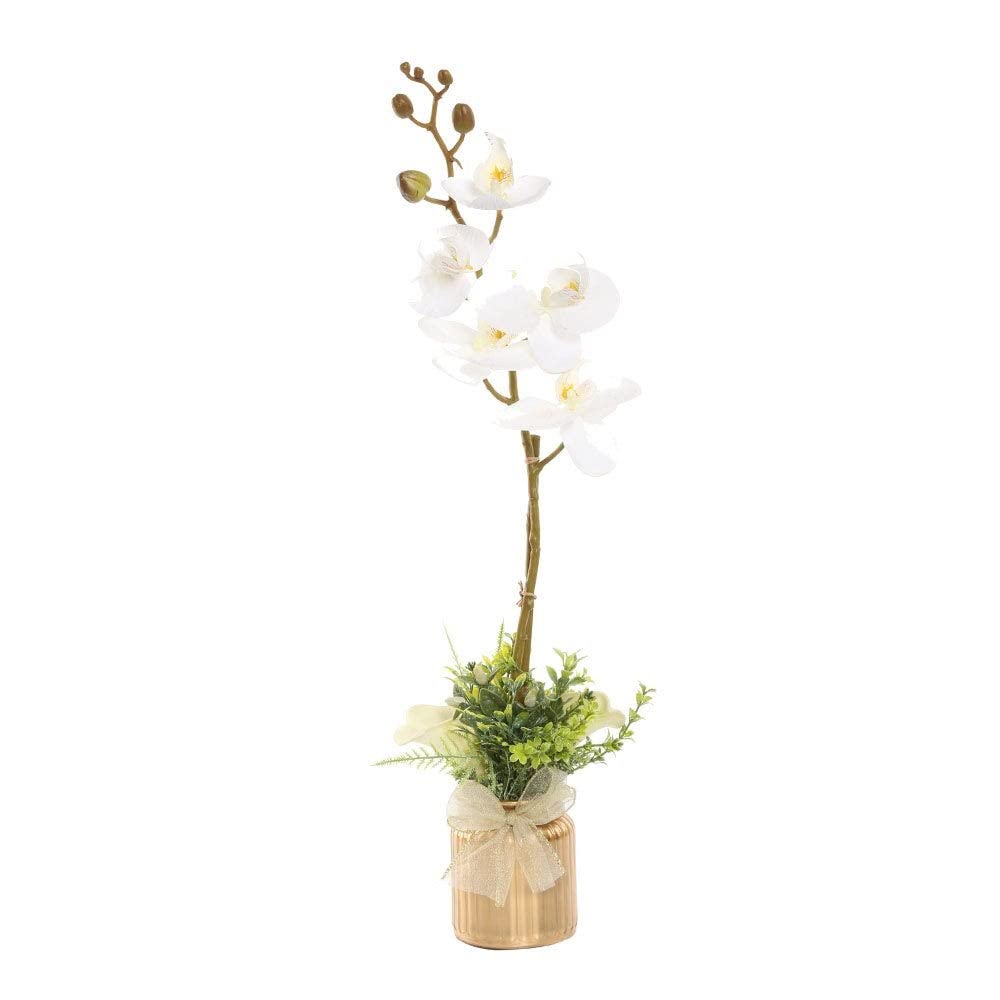 homes r us هومز أر أس Orchid With Lily Artificial Flowers In Golden Glass Vase Height: 42Cm Length: 30Cm Width: 15Cm White