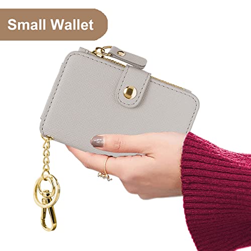 Image of Keychain wallet with ID Window，Credit Card Holder Leather, Zipper Card Case for Women, Beige, Travel Wallet