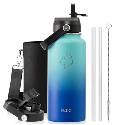 Image of BUZIO Insulated Stainless Steel Water Bottle 32 oz with Straw & Spout Lids