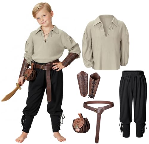 Kids Medieval Viking Pirate Renaissance Tunic Pants Accessories Costume for Boys Cosplay 10-12 Years MIB-BK Beige Black