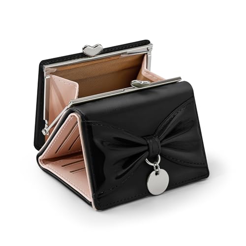Wallet Women, Bow Trifold Wallets, Small Cute Coin Purse for Woman, Coquette Credit Card Holder and Cash Bag for Ladies (Black)