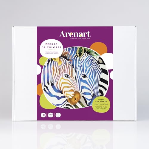Arenart | 1 Lámina Zebras de Colores 38x46cm | para Pintar con Arenas de Colores | Manualidades para Adultos y Jóvenes | Dibujo Fácil | Pintar por números | +9 años