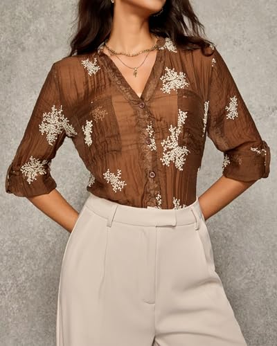 Women's Long Sleeve Sheer Floral Embroidered See Through Button Down Blouse Lightweight Boho V Neck Shirts3