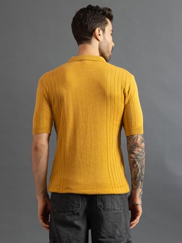 Image of CHKOKKO Men's Knitted Textured Pure Cotton Polo Neck T Shirt for Men | Stylish Soft Summer Wear Half Sleeves Solid Color | Casual Regular Fit Ribbed Cuff & Hem