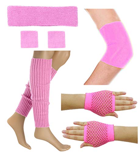 Women 80s Neon Pink Running Headband Wristbands Leg Warmers Set (Pink)