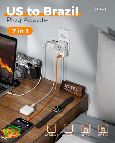 image for TESSAN Brazil Plug Adapter 2 Pack, 7 in 1 US to Brazil Power Adapter w