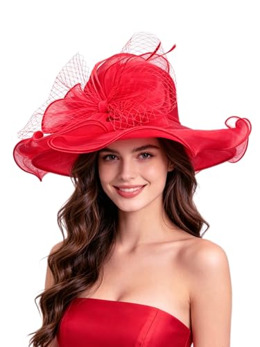 Haojing Womens Organza Church British Fascinator Bridal Tea Party Wedding Hat Summer Ruffles Cap (23-Red)