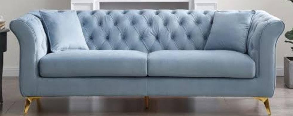 Image of Wood Supernal 3 Seater Sofa Set With Brass Legs Perfect Gives Luxurious Look For Home /Living Room /Office /Guest Room /Hotels /Lounge, 3-Person Sofa, Blue