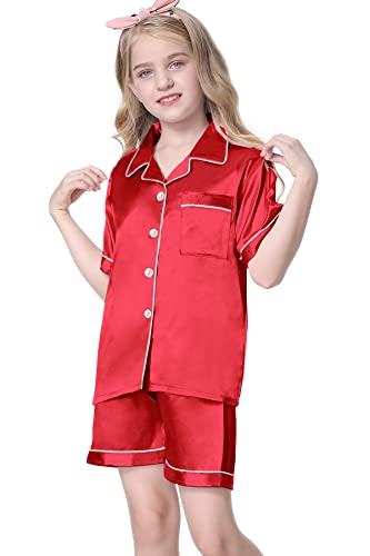 Image of Umeyda Women & Girls Pajamas Set, Soft Satin Lightweight Silk Button-Down Top with Shorts 2 Piece PJS for Mom Boys Kids Gifts
