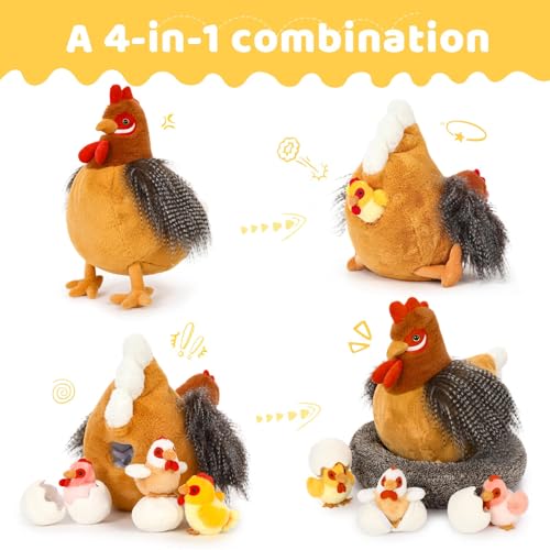 MorisMos 35cm hoch riesen Huhn Kuscheltier XXL mit 3 Babys im Nest, süß Küken mit Ei plüschtier stofftier,chickenteddy Geburtstag Weihnachten Geschenk für Kinder Baby-Hellbraun