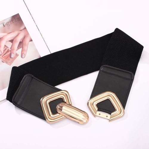 Tgirls Women's Elastic Belt Gold Wide Belt for Dresses Fashion Vintage Stretchy Waistband with Gold Buckle3