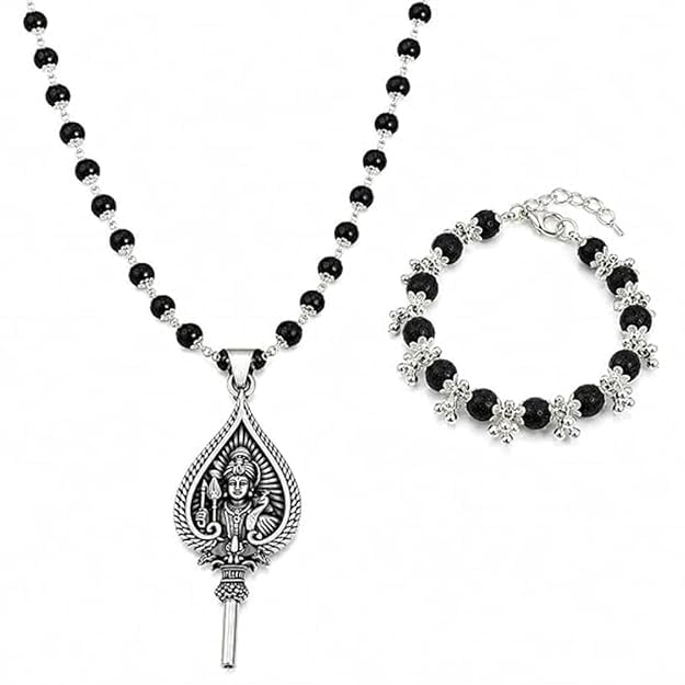Murugan Vel Pendant Black Bead Karungali Necklace with Matching Black Bead Bracelet Combo for Men & Women Lord Murugan Vel Spiritual Jewelry Oxidised Finish Casual Wear Gift-image-6
