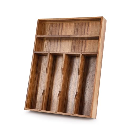 BIEOFFEI Acacia Wood Silverware Drawer Organizer, 12 Inch Adjustable Cutlery Tray for Kitchen...