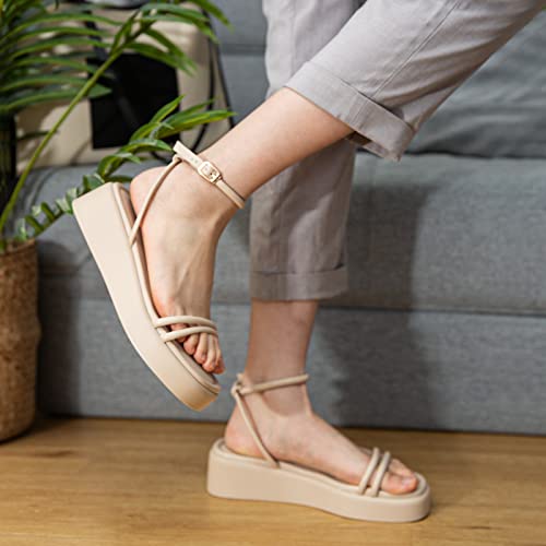 Ankis Wedge Sandals For Women Nude Wedge Low Heels Platform Comfortable Padded Insole Slides Open Toe Wedge Sandals #TOP6