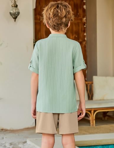 Image of Arshiner Boy's 2 Piece Beach Outfit Short Sleeve Textured Button Down Shirt and Short Sets Summer Vacation Wear 4-12 Years
