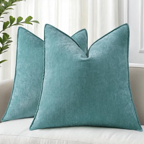 decorUhome Couch Throw Pillow Covers 18x18 Set of 2, Decorative Soft Euro Neutral Chenille Pillow Covers with Elegant Design for Sofa Bed Living Room Home Decor, Teal