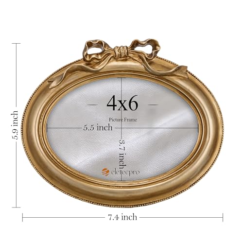 Image of eletecpro 4x6 Oval Picture Frame with Glass Cover, Vintage Gold | Antique Ornate Gold Bow Photo Frame 4 x 6 for Tabletop or Wall Hanging