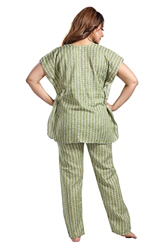 Image of Fabme Women's Cotton Printed Kaftan and Pyjama Set - Green Cream