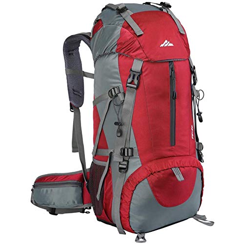 Loowoko Sac à dos de randonnée étanche, 50L, avec housse de pluie, pour homme et femme, activités du0092extérieur, UK-50L-Red, Red