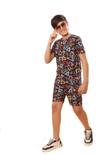 Ninos Dreams Boys Cotton T-shirt & Shorts Coord set/Boys' Soccer Ball - Dinosaur Print Cotton Coord Set - Casual Summer Tee & Shorts Outfit for Kids (5-6 Years, Black)