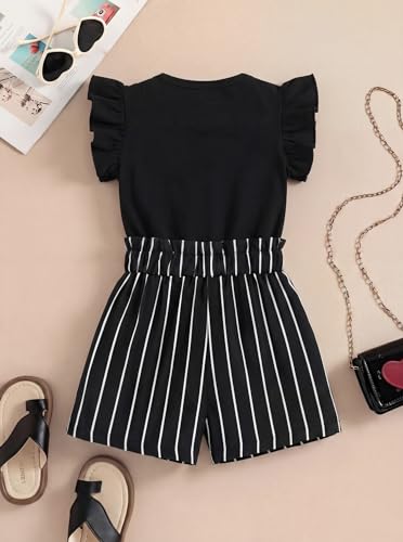 Image of Girls 2 Piece Outfits Summer Ruffle Sleeve Top and High Waisted Striped Shorts Set for Girls 7-14