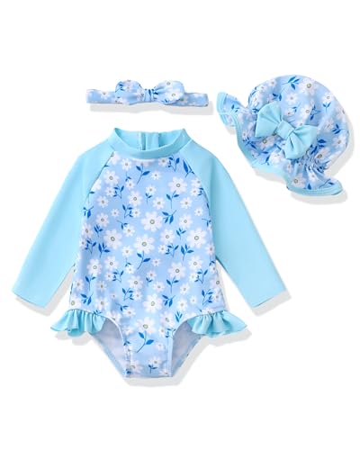 Image of SODLON Baby Girl Swimsuit Long Sleeve One-Piece Infant Bathing Suit 3M-3T