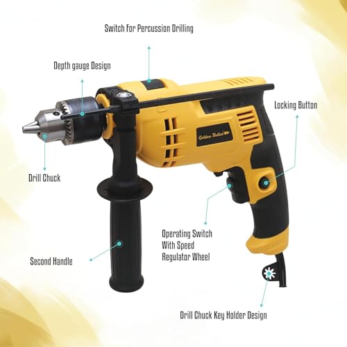 Image of Golden Bullet GB ID-1350 500W 13mm Impact Drill Machine | 3000 RPM | Variable Speed, Reversible, Trigger Lock | For Home, DIY, Masonry, Concrete, Metal, Wood, Tile & Stone Drilling | 6 Month Warranty