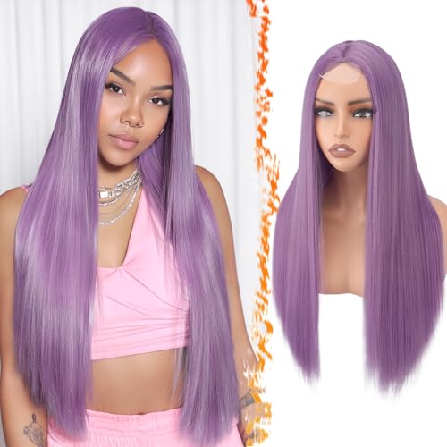 BARSDAR Lange Gerade Lila Perücke 71cm Lange Gerade Mittelscheitel Lila Perücke für Damen Natürliche Haarperücken Synthetische Haar Wigs Spitzenfront Perücken Party Cosplay Halloween