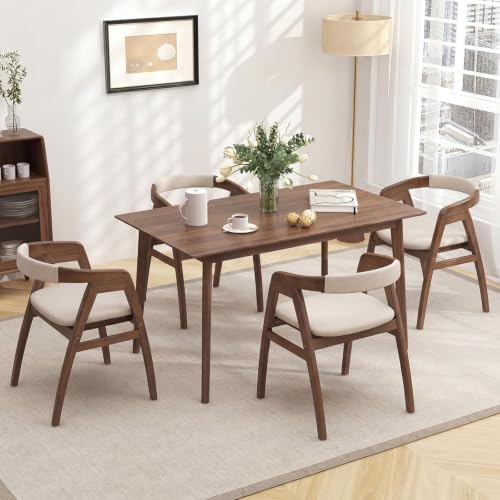Image of COSTWAY Bamboo Accent Chairs Set of 4 with Wide Curved Backrest and Arms | Walnut, Farmhouse Leisure Dining Chairs w /Comfy Cushion, Solid Legs, Upholstered Armchair for Living Room, Bedroom, Kitchen
