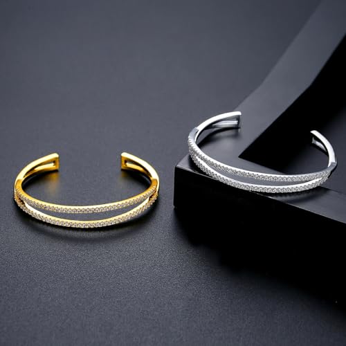 14K Gold Double Layer Moissanite Bracelet, Commuter-Friendly Style, Adjustable Open Bangle4