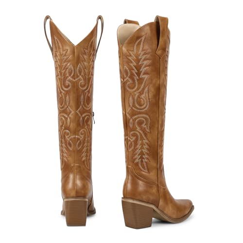 wetkiss Womens Tall Cowboy Boots Side Zipper Ladies Cowgirl Knee High Boots,Comfortable Retro Vintage Embroidery Pointed Toe Block Chunky Heel3