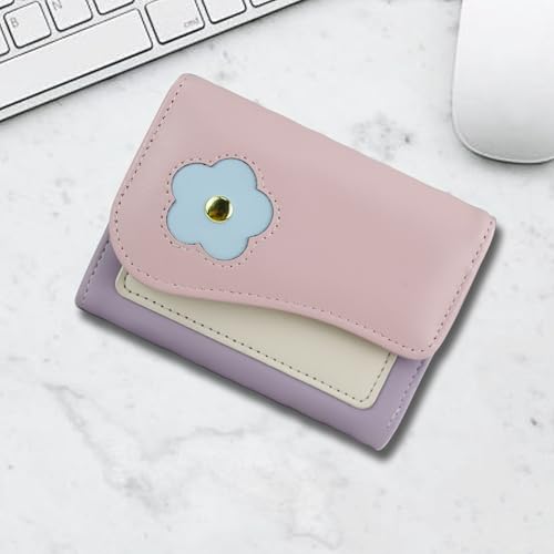 Small Womens Wallet, Trifold PU Wallets for Women, Ladies Wallet with Floral Print Design(Pink)